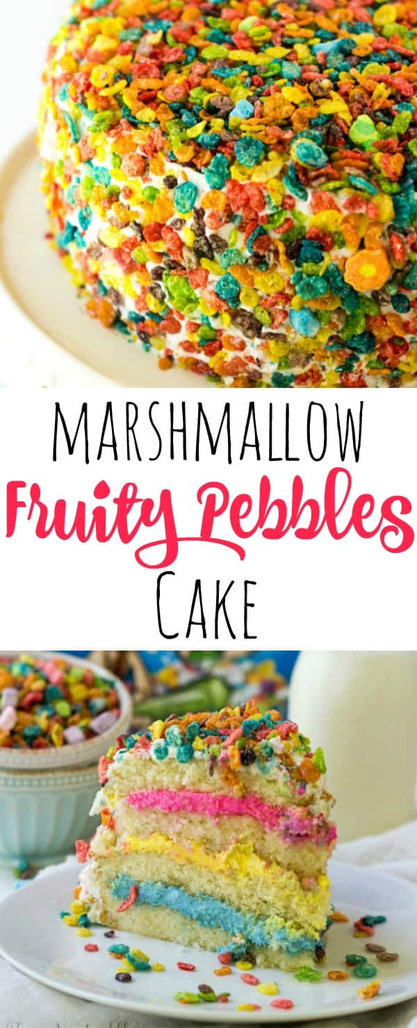 Marshmallow Fruity Pebbles Cake Pinterest image whole cake on top slice of cake on bottom with words in middle