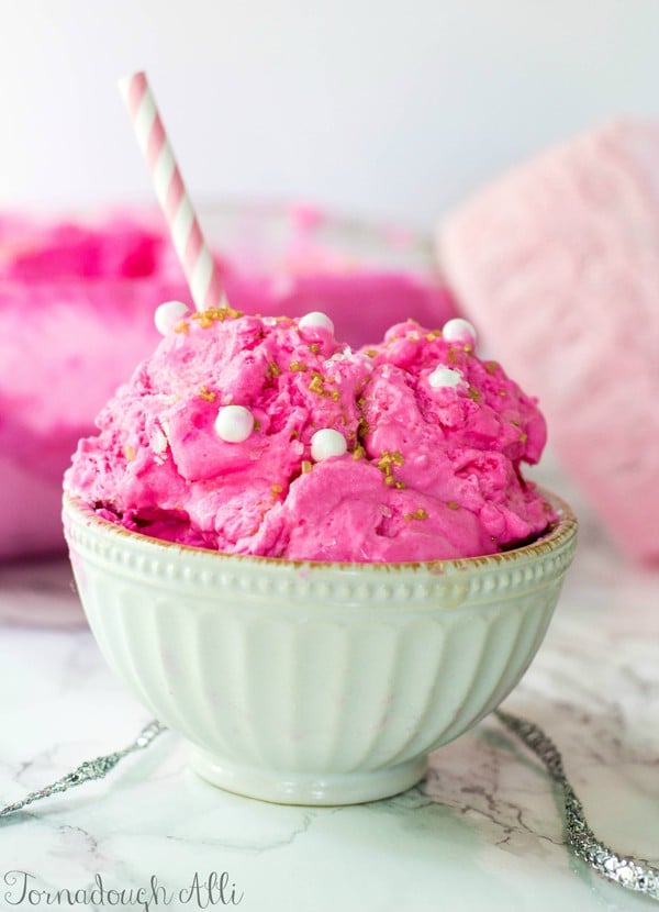 Princess Pinky Ice Cream in bowl with straw, sprinkles and white candy