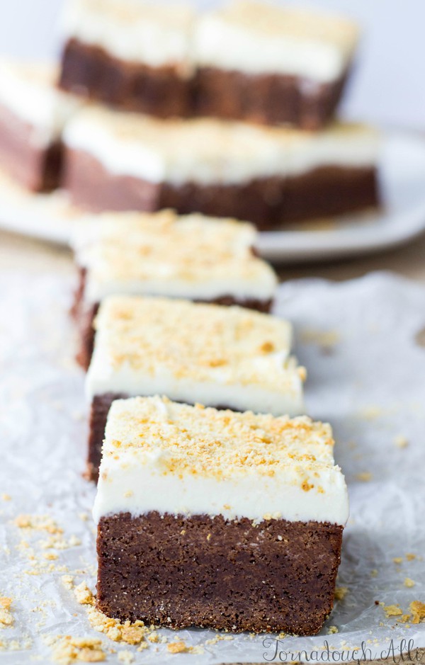 S'mores Fudge Brownies in row on parchment paper