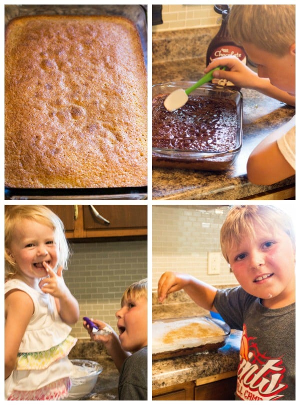 S'mores Poke Cake Photo collage of children helping decorate cake