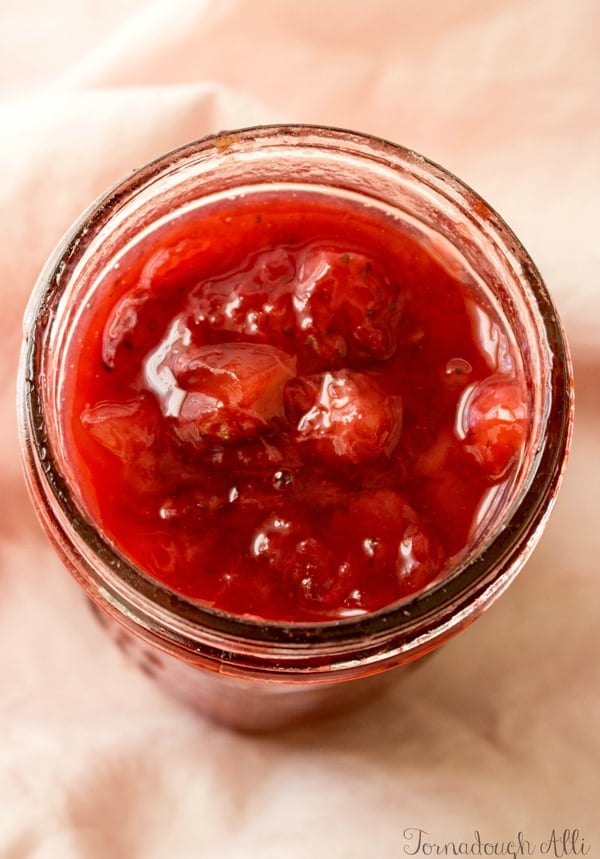 Overhead of Strawberry Banana Ice Cream Topping in mason jar