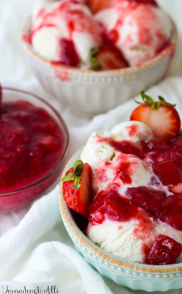 Side view of ice cream topping on ice cream and bowl with topping in it