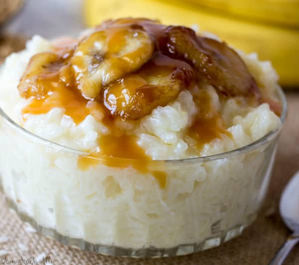 Close up of Bananas Foster Rice Pudding in clear bowl