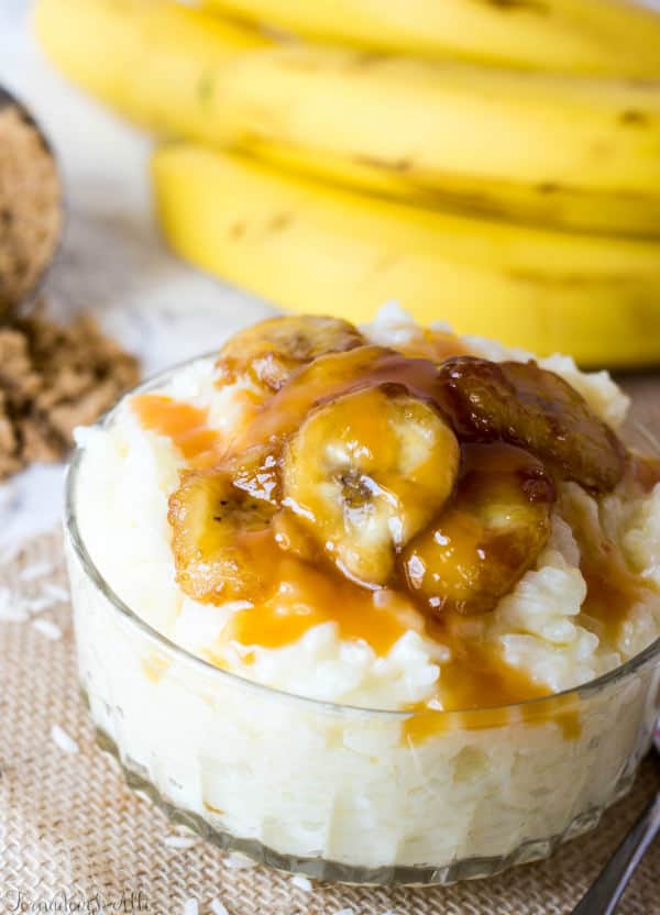 Bananas Foster Rice Pudding in clear bowl