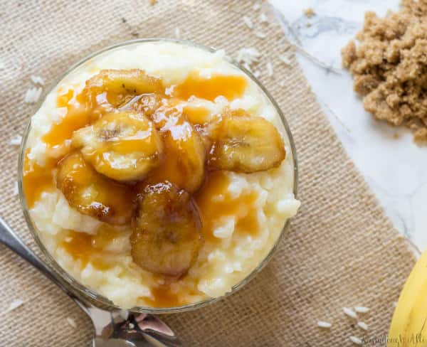 Overhead of Bananas Foster Rice Pudding on piece of burlap