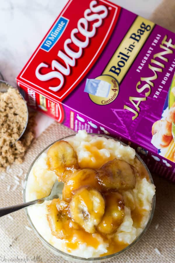 Bananas Foster Rice Pudding next to box of Success Jasmine Rice