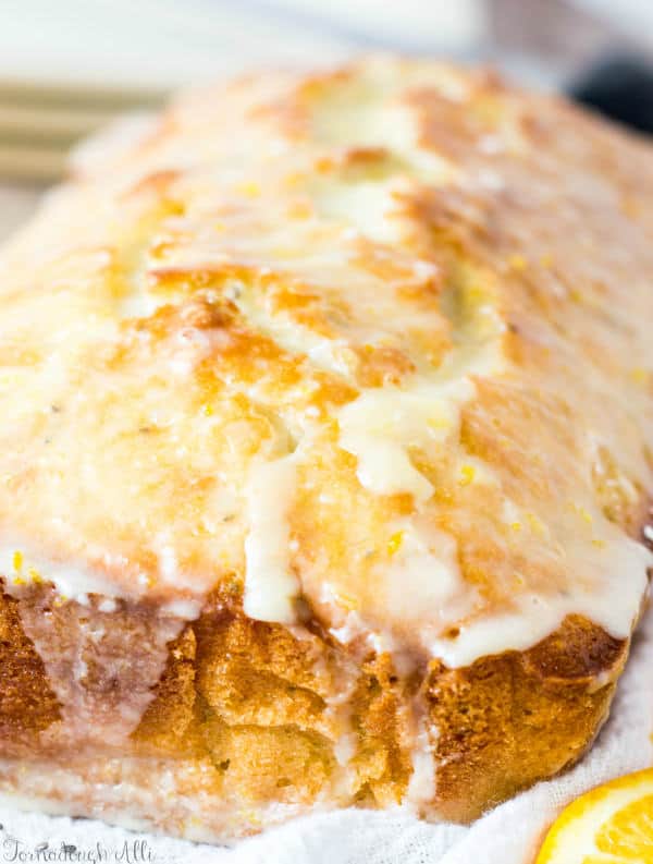 Close up of Candied Orange Chia Seed Bread glazed