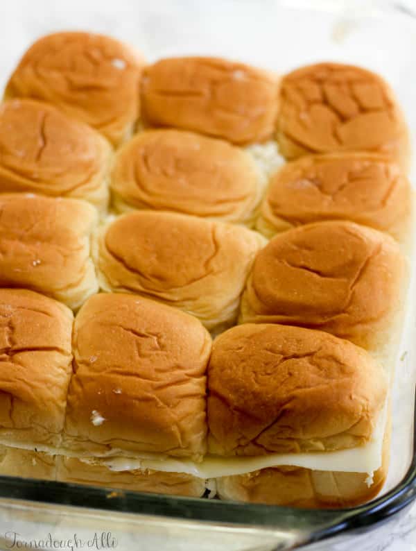 Cheesy Stuffed Garlic Bread Sliders unbaked in pan