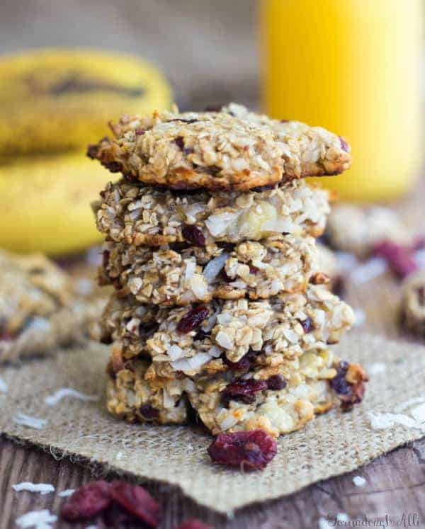 Cranana Coconut Cookies stacked on piece of burlap