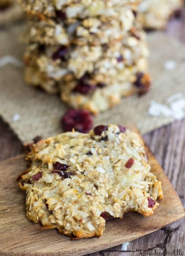 One Cranana Coconut Cookie on wooden spatula