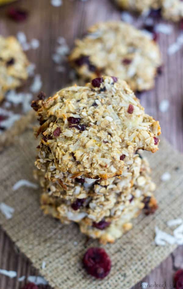 Overhead of stacked Cranana Coconut Cookies