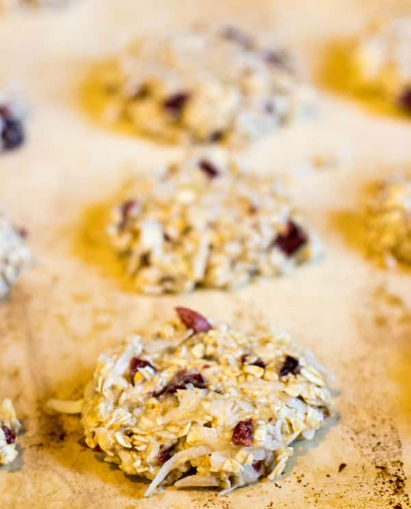 Unbaked Cranana Coconut Cookies on cookie sheet 