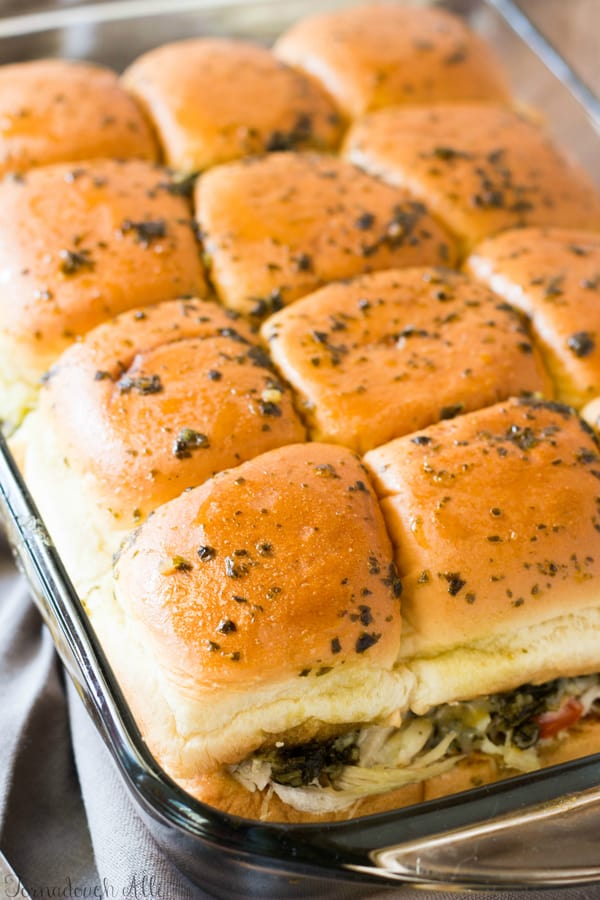 Honey Basil Chicken Sliders in baking dish