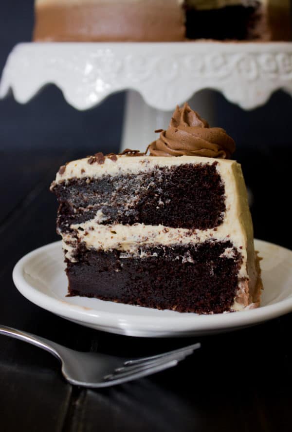 Irish Coffee Chocolate Cake on white plate with cake stand in background