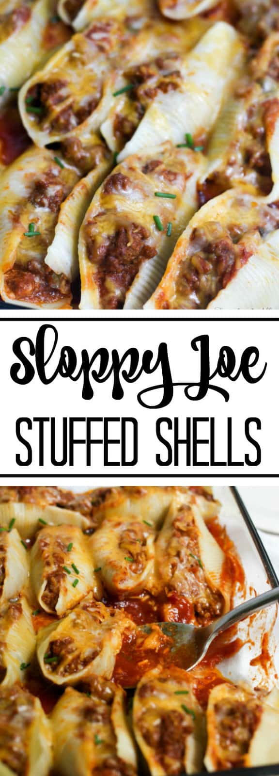 Sloppy Joe Stuffed Shells pinterest image with words in middle