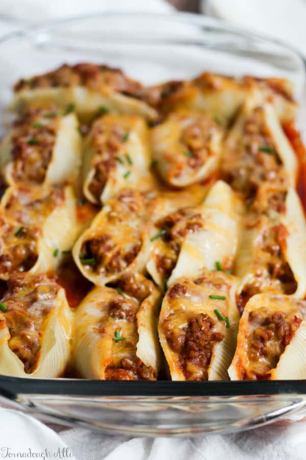 Finished Sloppy Joe Stuffed Shells in baking dish