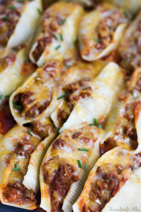 Sloppy Joe Stuffed Shells close up in baking dish