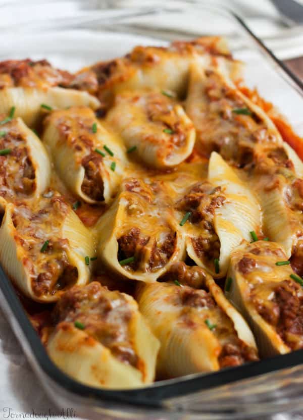 Sloppy Joe Stuffed Shells side view in baking dish