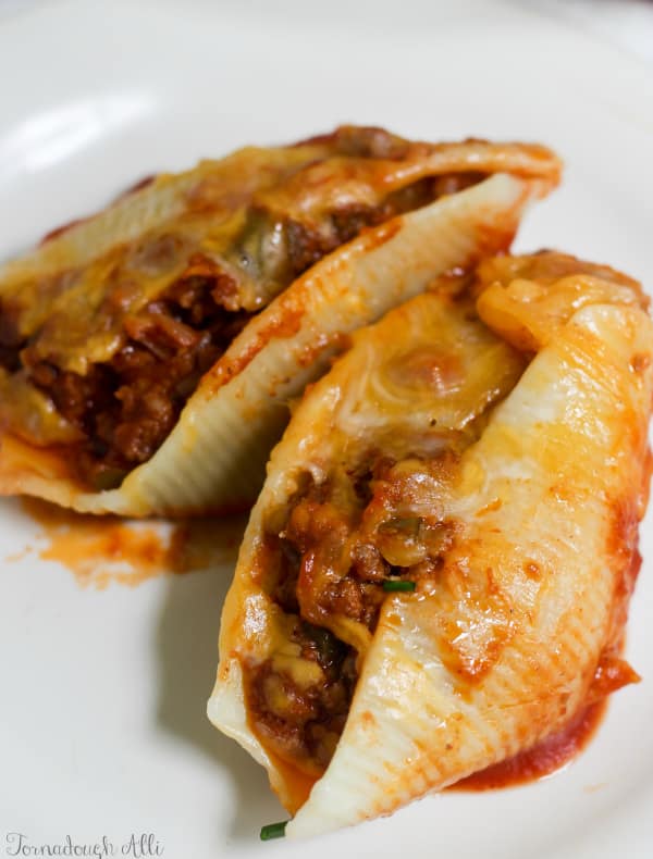 Two Sloppy Joe Stuffed Shells on white plate