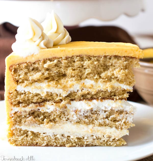 Side view of spice cake on plate showing layers of frosting