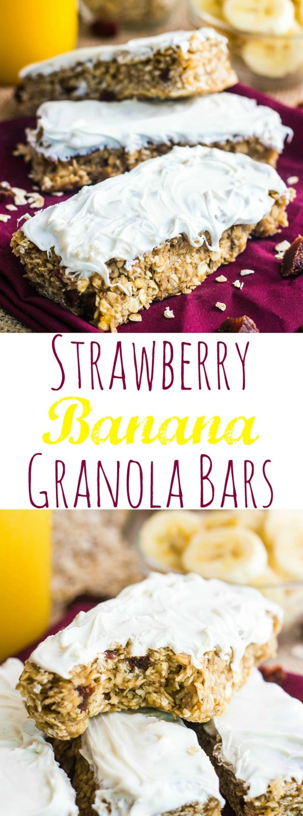 Strawberry Banana Granola Bars collage with words in middle