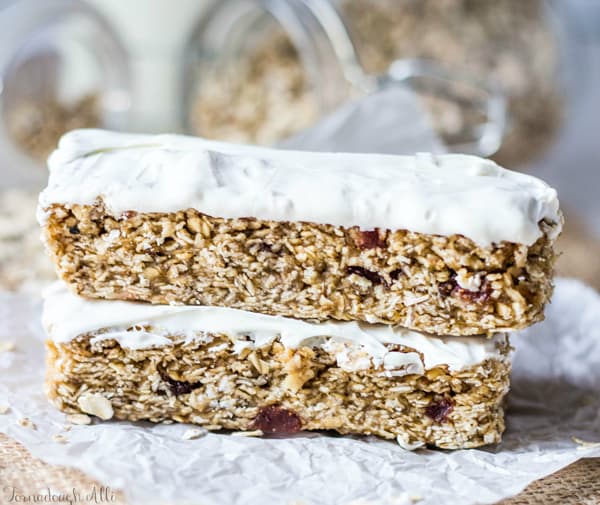Side view of two stacked Strawberry Banana Granola Bars