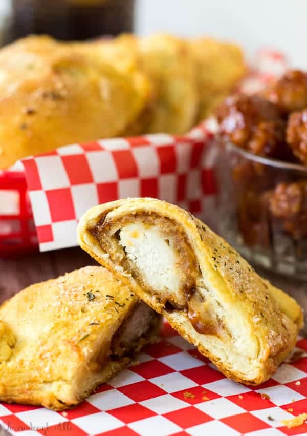 BBQ Chicken Pizza Pockets sliced open showing inside