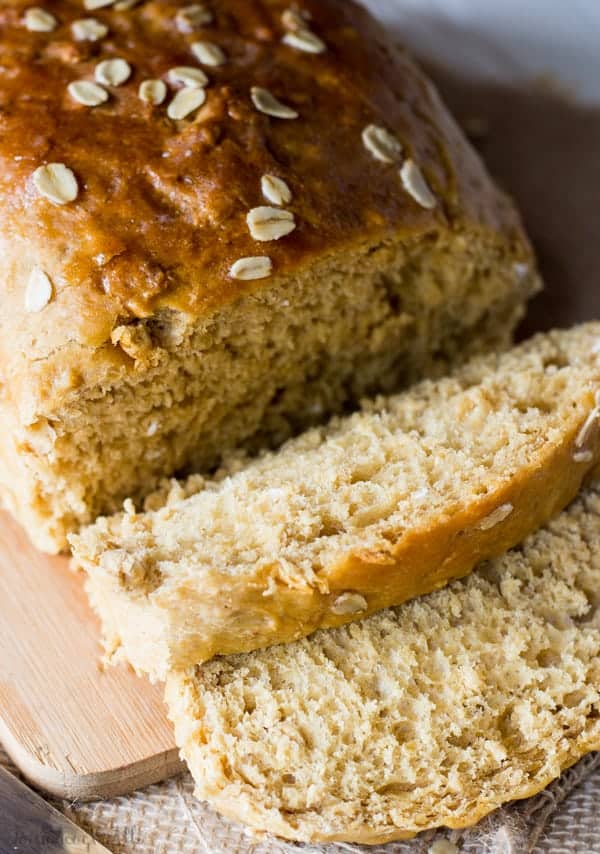 Overhead of sliced pieces of Oatmeal Molasses Bread