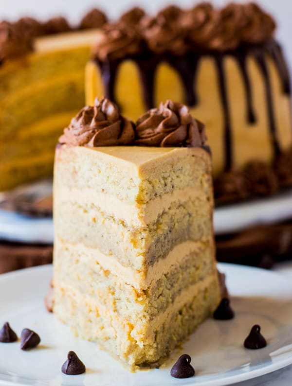 Slice of cake on white plate showing layers of frosting