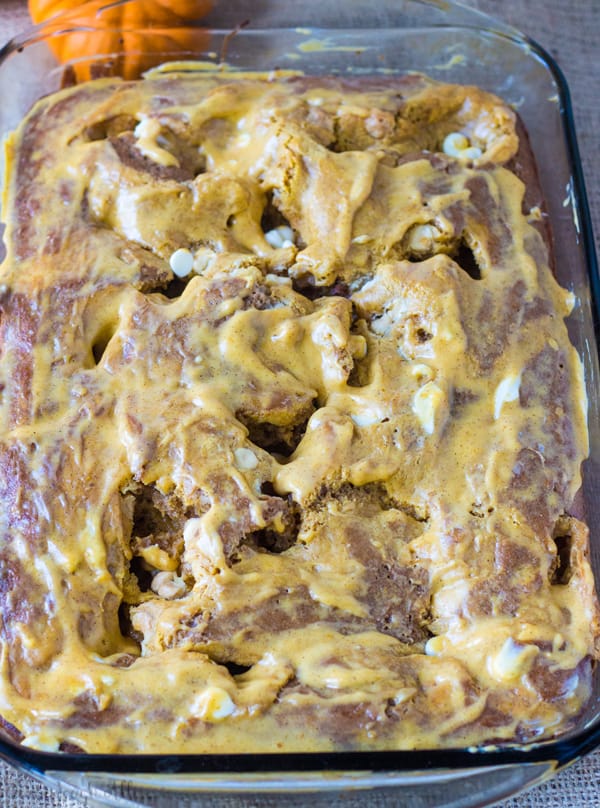 Caramel Pumpkin Spice Earthquake Cake overhead in baking pan