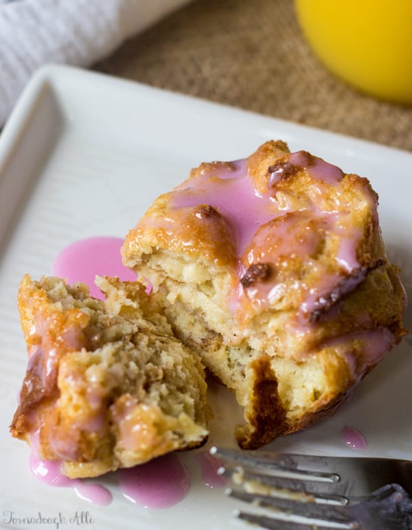 Overhead of Strawberry French Toast Muffin split in half