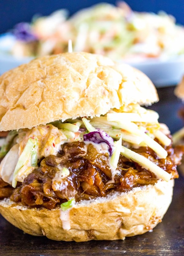 Close up of Asian BBQ Pork Slider with Kimchi Slaw