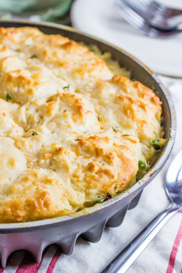 Cheddar Biscuit Topped Harvest Chicken Pot Pie in pan