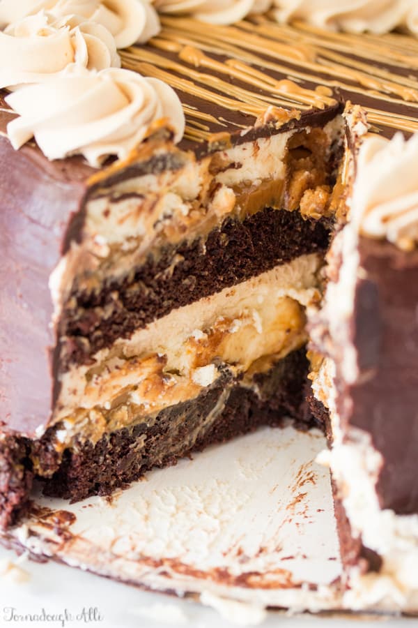 Copycat Cheesecake Factory Reese's Peanut Butter Chocolate Cake Cheesecake with slice taken out showing inside