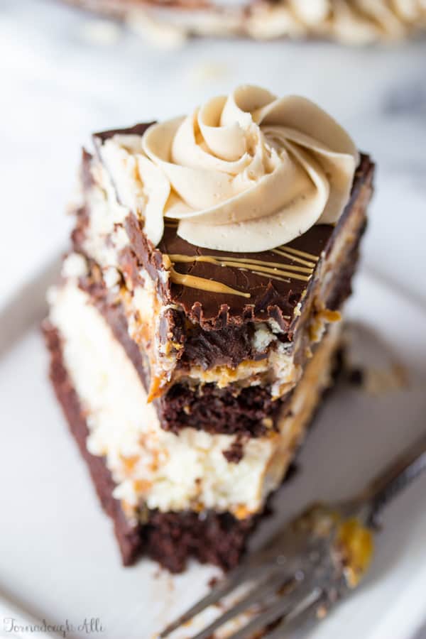 Overhead slice of Copycat Cheesecake Factory Reese's Peanut Butter Chocolate Cake Cheesecake with bite taken out