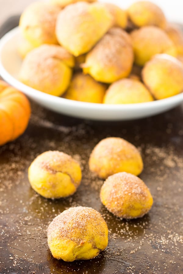 Four Cinnamon Sugar Pumpkin Pretzel Bites in front of bowl of bites