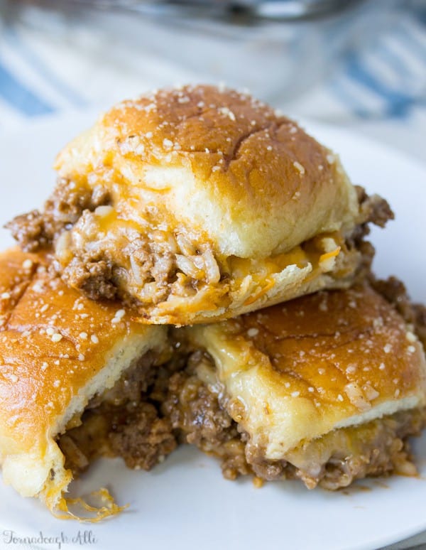 Three stacked Old Fashioned Sloppy Joe Sliders on white plate