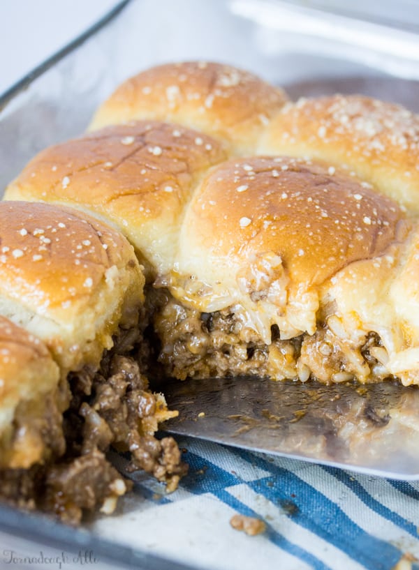 Old Fashioned Sloppy Joe Sliders in pan with a few missing