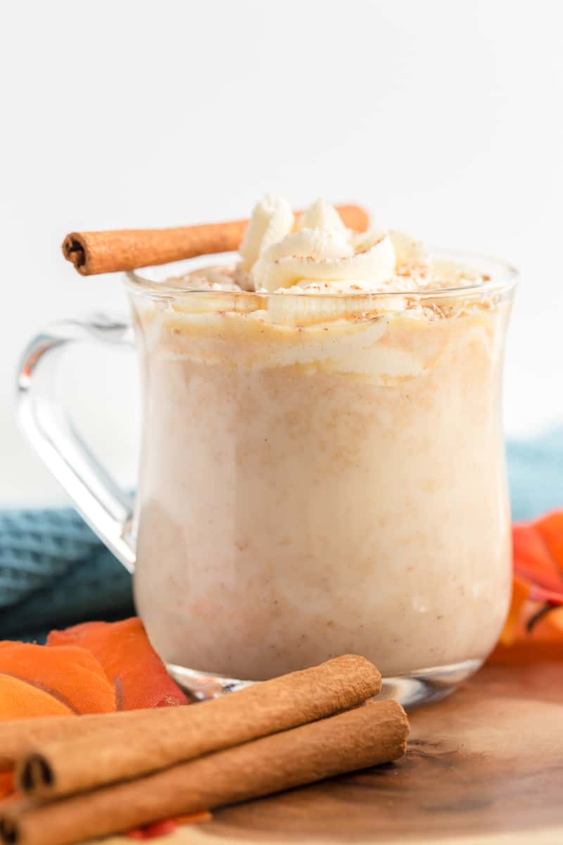 Pumpkin Hot Chocolate in mug with fall leaves and cinnamon sticks