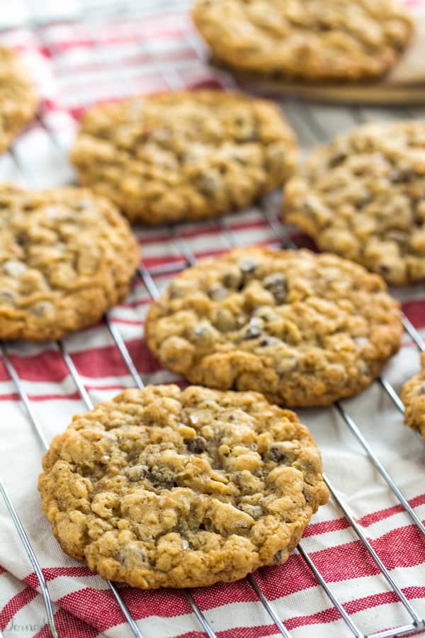 Sea Salt Hazelnut Chocolate Chip Oatmeal Cookies on wire rack