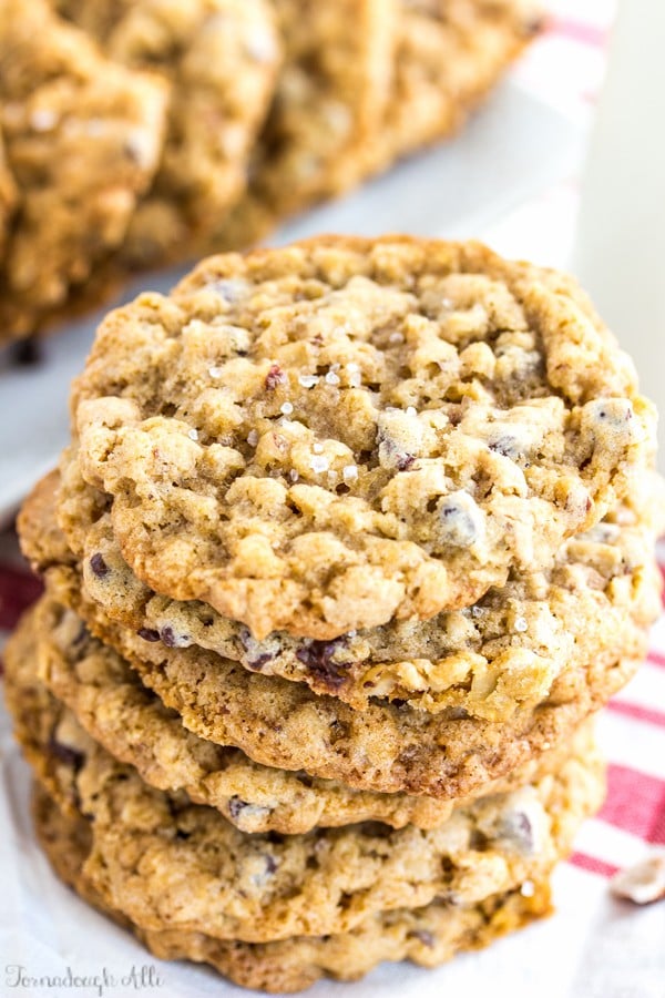 Stacked overhead photo of Sea Salt Hazenut Chocolate Chip Oatmeal Cookies