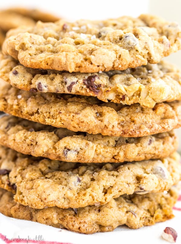 Very close up of stacked Sea Salt Hazelnut Chocolate Chip Oatmeal Cookies