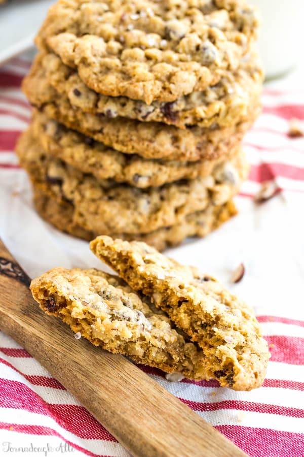 One Sea Salt Hazelnut Chocolate Chip Oatmeal Cookie split in half