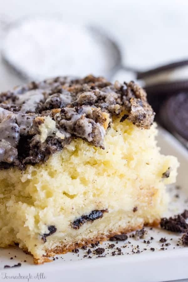 Slice of Cookies and Cream Coffee Cake on white plate