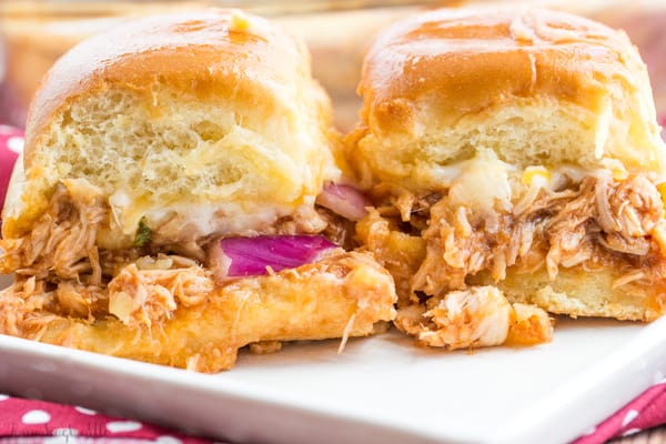 Two Hawaiian BBQ Chicken Sliders on white plate