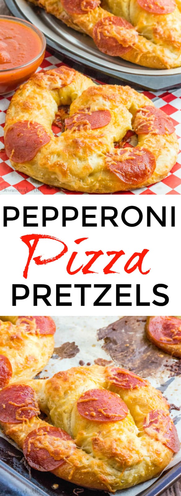 Pepperoni Pizza Pretzels collage with words in middle