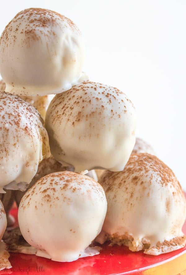 Tiramisu Truffles stacked on red plate