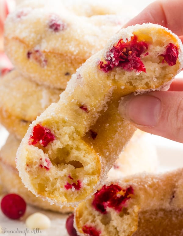 Hand holding one half of one Cranberry Bliss Donut