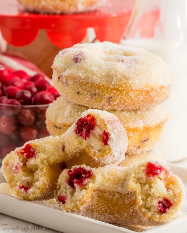 Stacked Cranberry Bliss Donuts with one split in half
