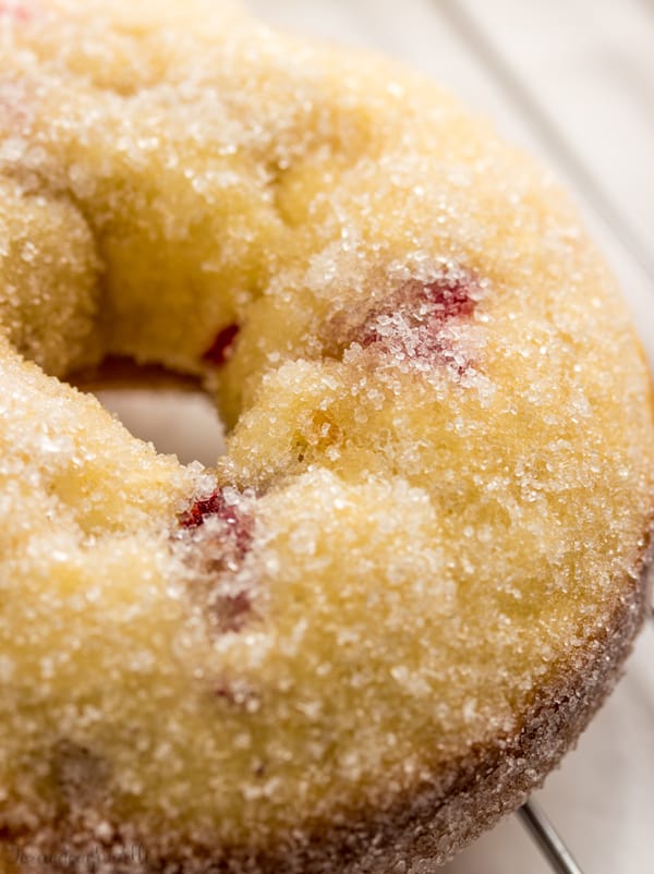 Close up of Cranberry Bliss Donut on wire rack
